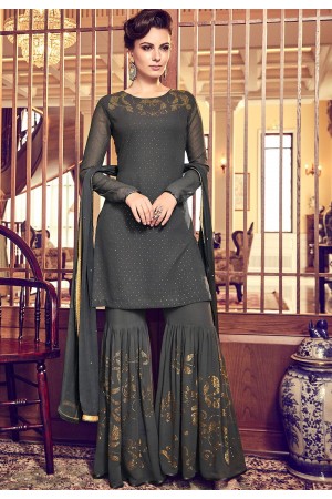 dark grey georgette designer sharara pakistani suit 6011