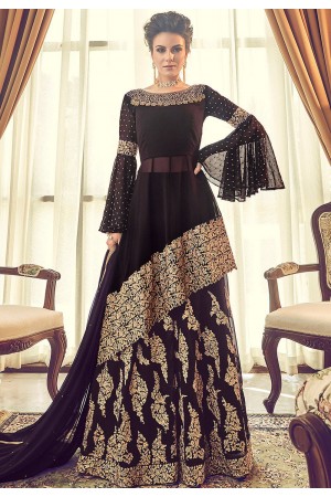 dark purple georgette embroidered sharara style pakistani suit 6005