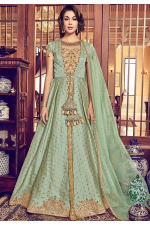 green beige jacquard silk embroidered jacket style floor length anarkali suit 6010