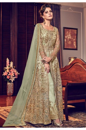 green butterfly net heavy embroidered trouser style pakistani suit 6006