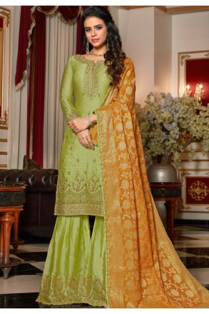 green designer satin georgette embroidered sharara style pakistani suit 4516