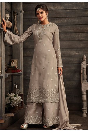 grey georgette embroidered palazzo style suit 30005