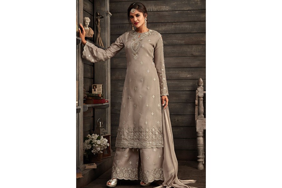 Grey Embroidered Palazzo Set main image 0