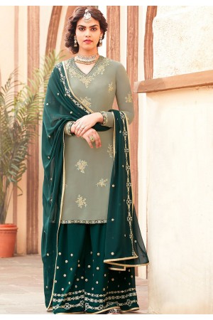 grey green georgette embroidered palazzo style pakistani suit 4002