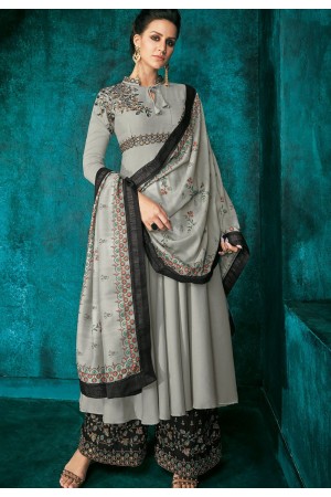 grey muslin long embroidered palazzo style suit 722