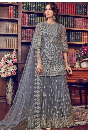 grey shade butterfly net embroidered sharara style pakistani suit 6008