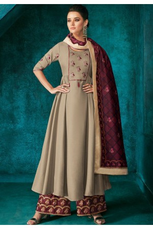 grey shade muslin long embroidered palazzo style suit 727