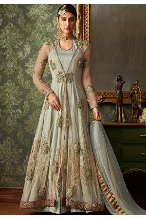 grey shade silk net long embroidered jacket style anarkali suit 7105