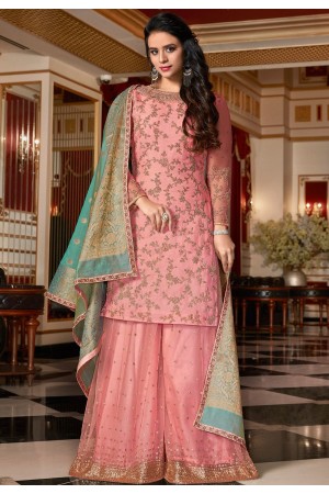 light pink designer satin georgette embroidered sharara style pakistani suit 4515