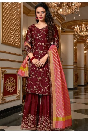 maroon designer satin georgette embroidered sharara style pakistani suit 4517