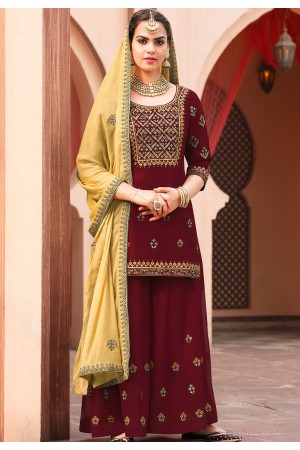 maroon georgette embroidered palazzo style pakistani suit 4008