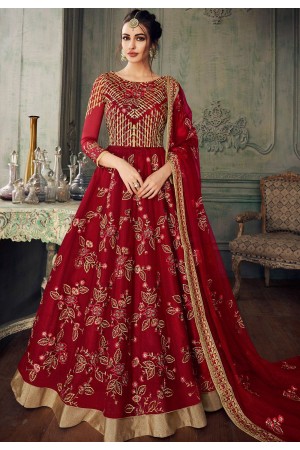 maroon heavy net embroidered lehenga style anarkali suit 8219