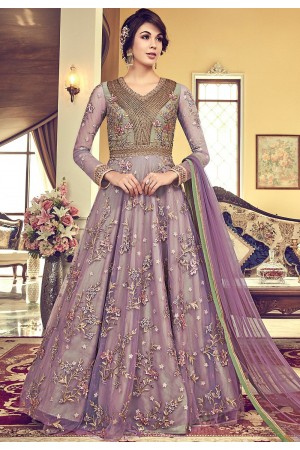 mauve net heavy embroidered floor length anarkali suit 6001