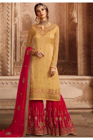 mustard satin georgette embroidered sharara style pakistani suit 46075
