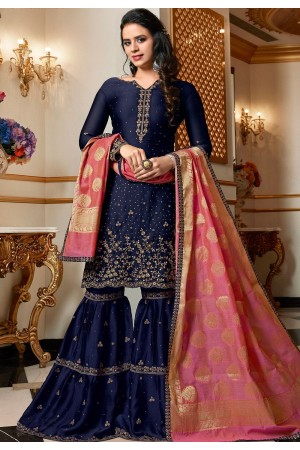navy blue designer satin georgette embroidered sharara style pakistani suit 4511