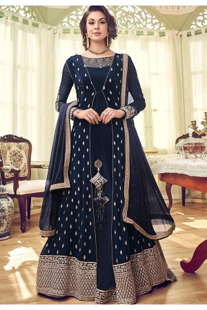 navy blue georgette embroidered jacket style floor length anarkali suit 6007