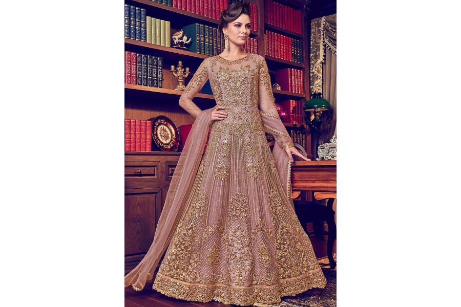 Peach Heavy Butterfly Net Pant Anarkali