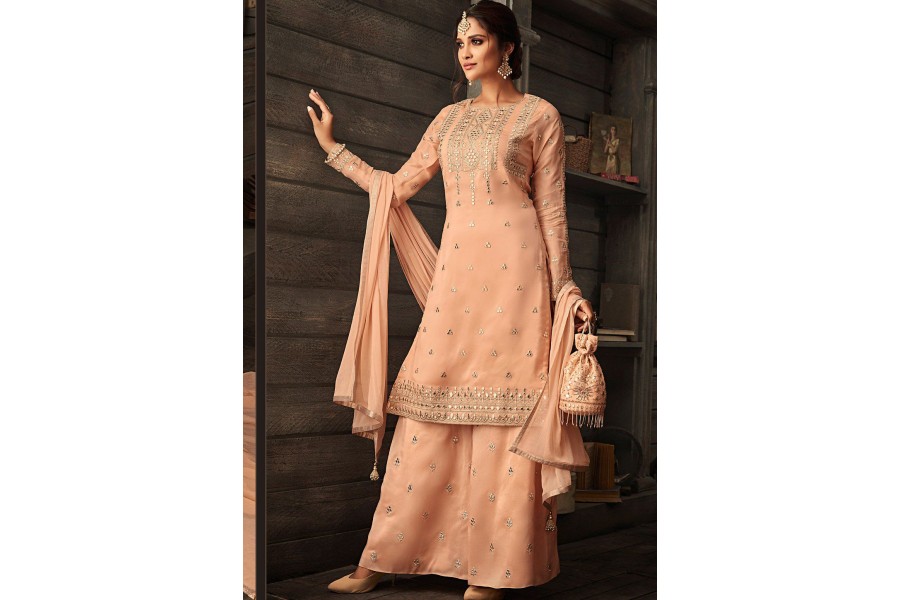 Peach Faux Georgette Palazzo Suit