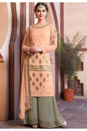 peach grey georgette embroidered palazzo style pakistani suit 4004