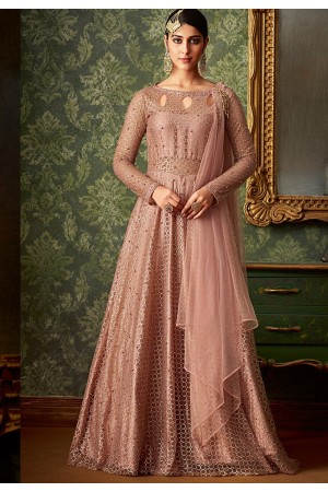 peach jacquard net floor length designer anarkali suit 7106