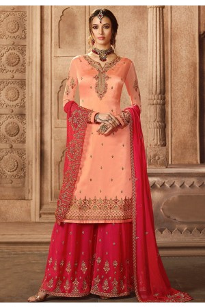 peach satin georgette embroidered palazzo style pakistani suit 46070