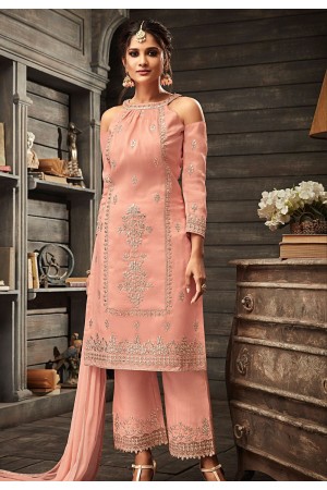 pink georgette embroidered straight trouser style suit 30004