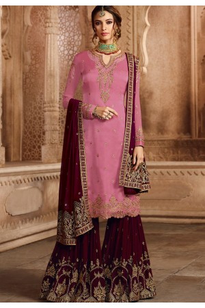 pink satin georgette embroidered sharara style pakistani suit 46073