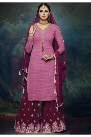 pink wine georgette embroidered palazzo style pakistani suit 1049