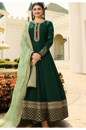 prachi desai dark green silk long anarkali suit 10235