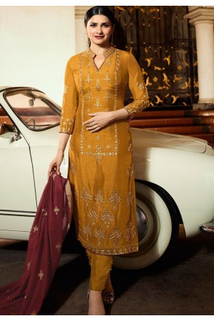 prachi desai mustard silk embroidered trouser style suit 36244
