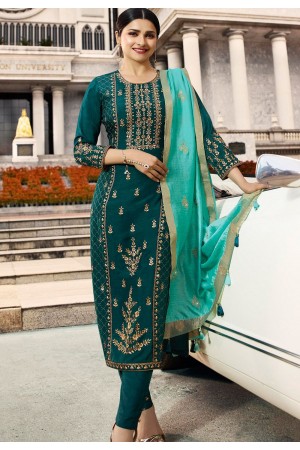 prachi desai turquoise silk embroidered trouser style suit 36241