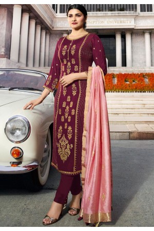 prachi desai wine silk embroidered trouser style suit 36247