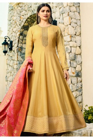 prachi desai yellow silk long anarkali suit 10233