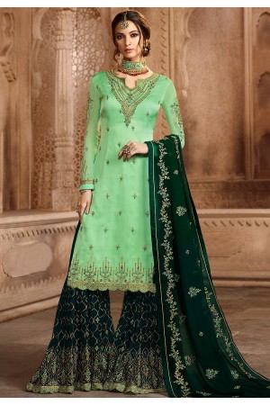 sea green satin georgette embroidered sharara style pakistani suit 46074