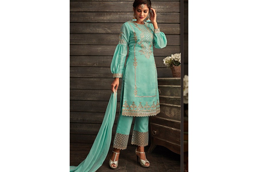 Women Sky Blue Georgette Embroidered Designer Plazzo Suit main image 1