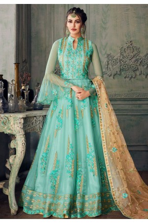 sky blue heavy net embroidered lehenga style anarkali suit 8215