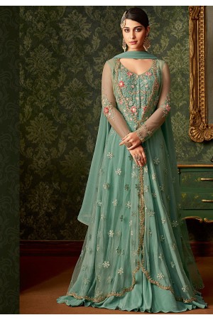 Sea green rangoli net long embroidered jacket style anarkali suit 7107