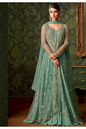 sky blue rangoli net long embroidered jacket style anarkali suit 7107