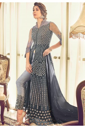 steal grey net embroidered trouser style designer suit 6009