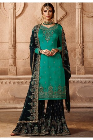 turquoise satin georgette embroidered sharara style pakistani suit 46069