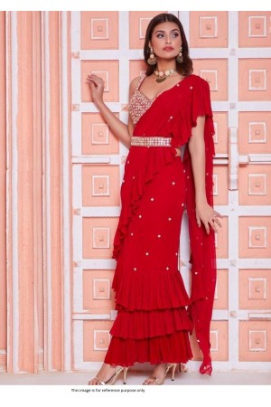 Bollywood Model 3 layer ruffle moti work georgette red saree