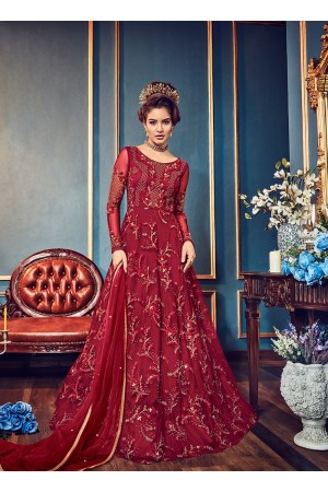 Red color net party wear anarkali kameez 5808