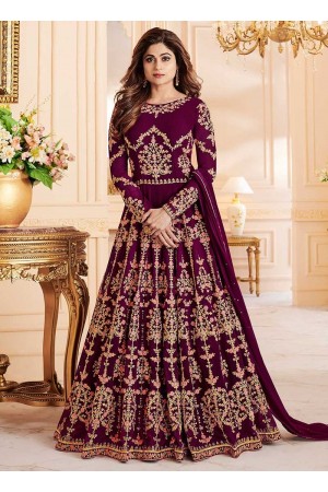 Shamita Shetty Wine color georgette party wear anarkali 8033