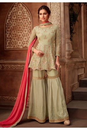 Beige georgette sharara style suit 7195