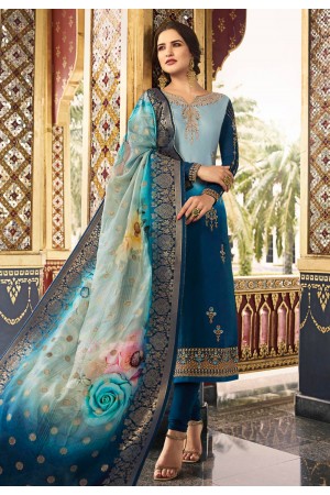 Blue satin embroidered churidar suit 78239