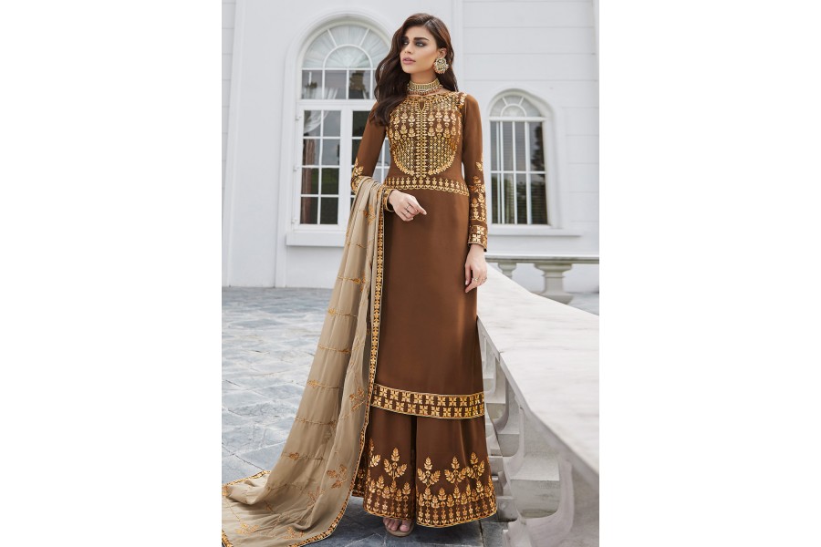 Grey Embroidered Bamber Georgette Palazzo Suit