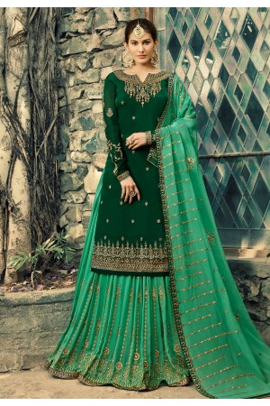 Green georgette embroidered sharara suit 5041