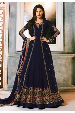 Navy blue georgette anarkali suit with jacket 9056