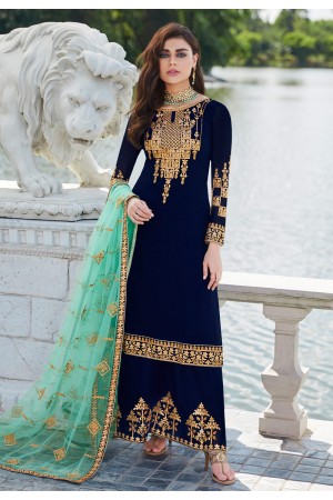 Navy blue georgette embroidered kameez with palazzo 7026