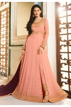 Peach silk side slit anarkali suit 9057